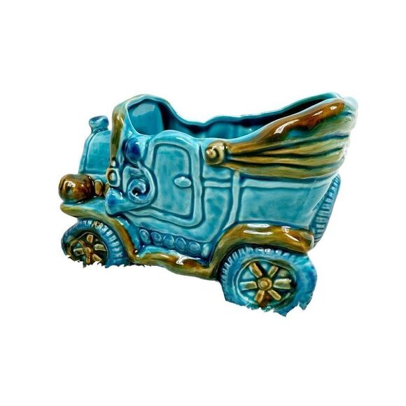 Vintage Rubens Blue Car Buggy Planter Japan Ceramic Footed Retro Whimical Decor - Picture 10 of 10